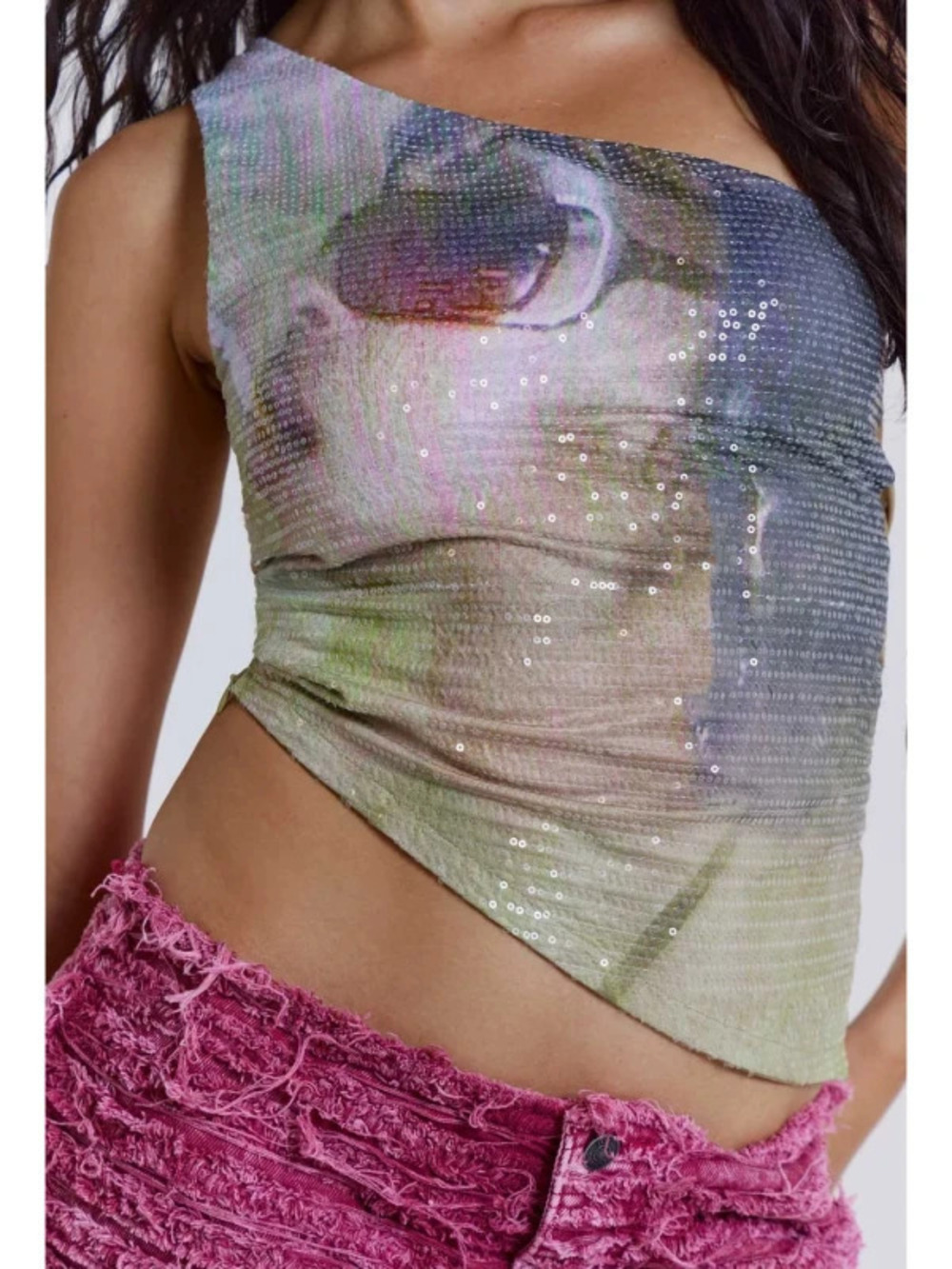 ZARA Summer Sequin Print One Shoulder Slim Fit Asymmetric Top